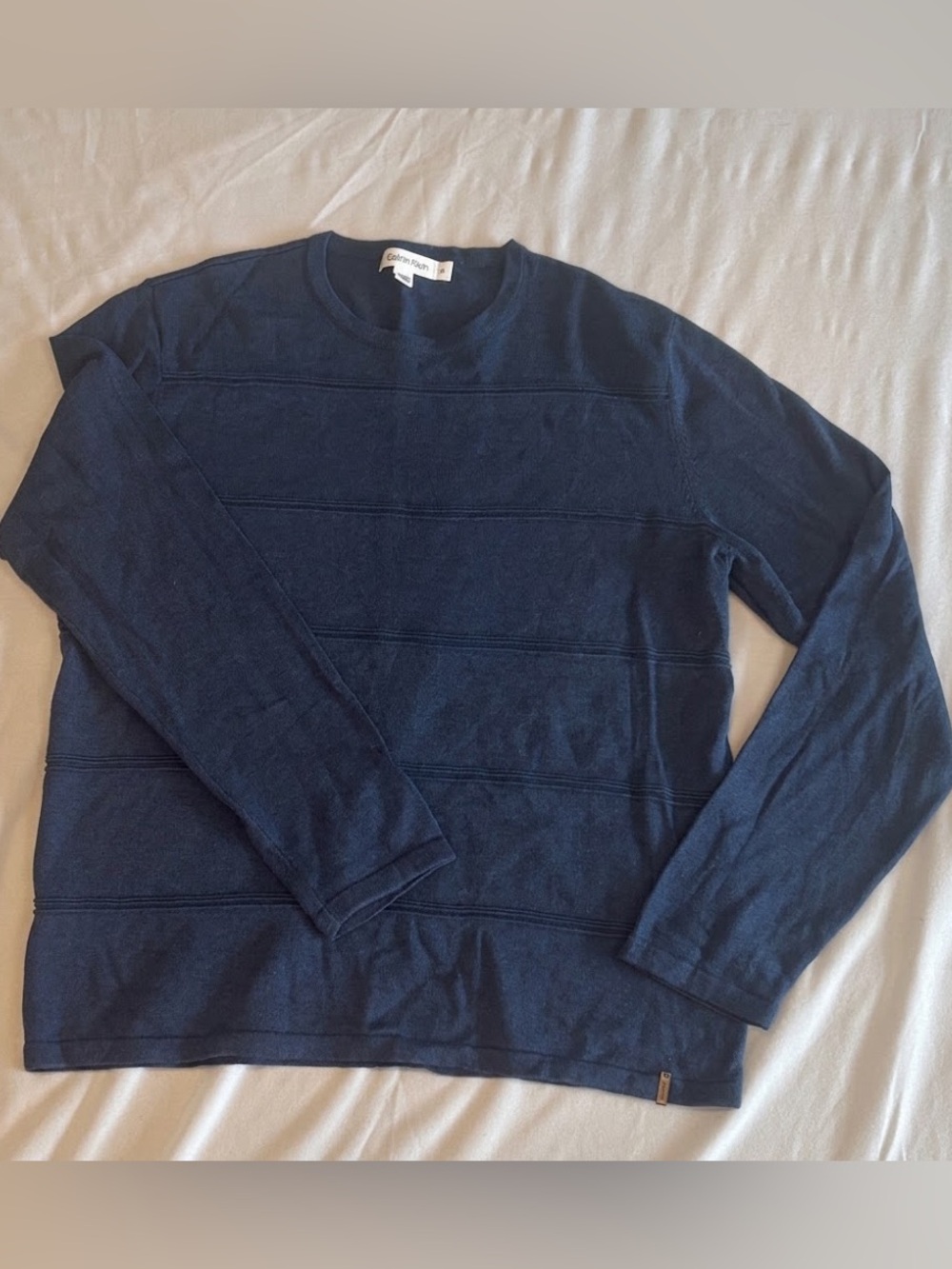 Calvin Klein Mens Blue Cotton Modal Textured Striped Crewneck Sweater Large EUC